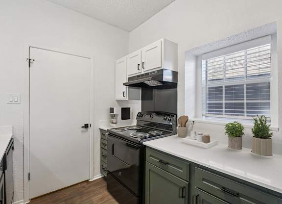 A kitchen with black appliances and green cabinets.