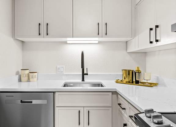 A modern kitchen with a stainless steel dishwasher and a sink.