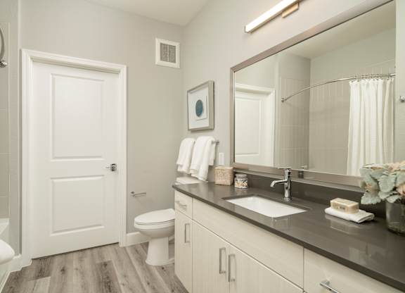 A bathroom with a toilet, sink, and mirror.