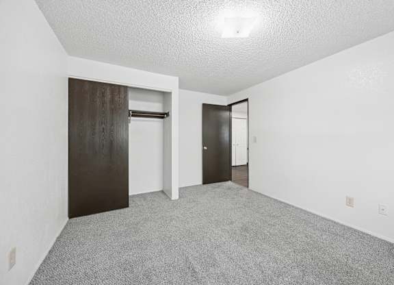 A room with a carpeted floor and two doors.
