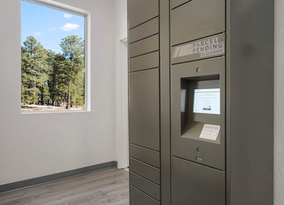 A parcel by Quadient machine is grey and has a window on the side.