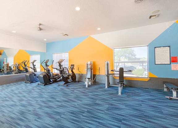 A gym with a variety of exercise equipment.