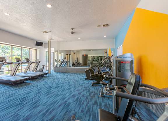 A gym with treadmills, elliptical machines, and a mirrored wall.