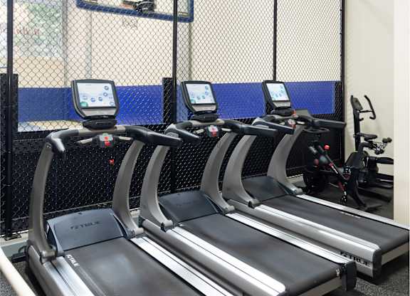 A gym with treadmills and a basketball hoop.