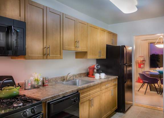 A kitchen with black appliances and wooden cabinets.