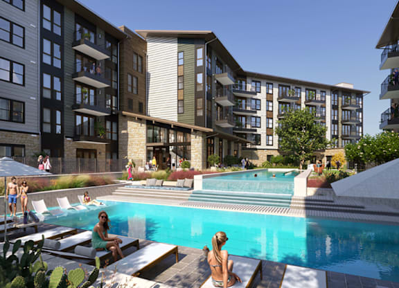 a pool in front of Jovie Lakeway apartment.