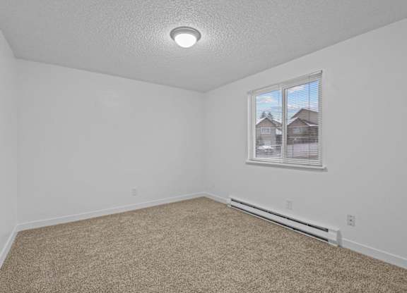 A room with a carpeted floor and a window showing a view of houses outside.