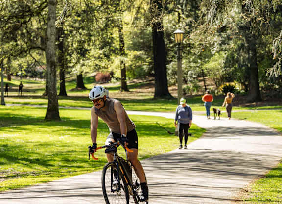 A man riding a bicycle on a path in a park.