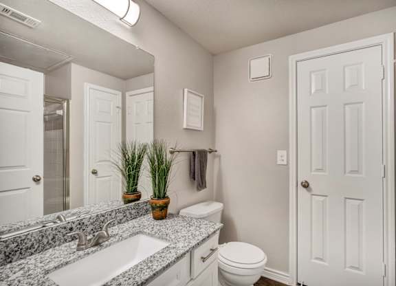 A bathroom with a white toilet, sink, and mirror.