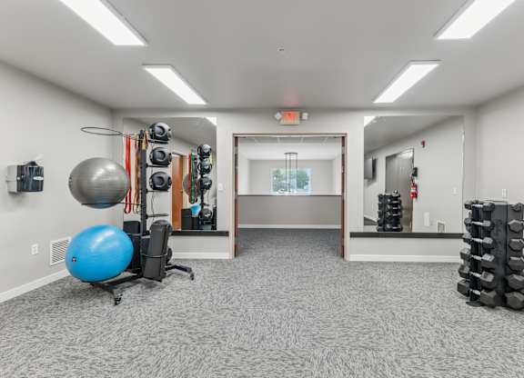 A room with a blue exercise ball and a rack of dumbbells.