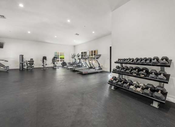 A spacious gym with a variety of exercise equipment.