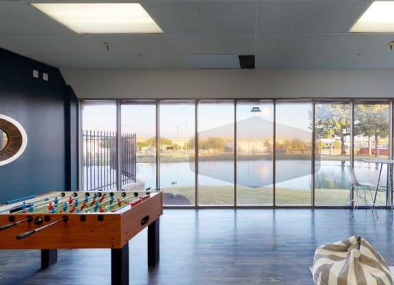 The Annex Clubhouse Lounge with Games and View of Pond