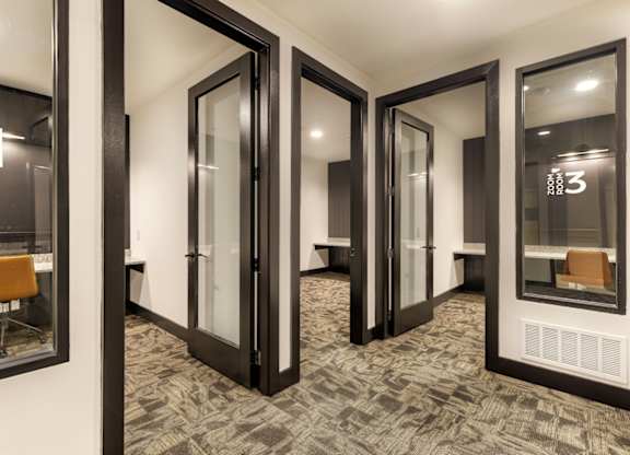 A hallway with black doors and carpeted floors.