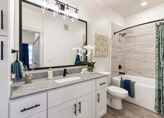 The Depot Apartments in Celina, Texas Bathroom with Large Vanity and Bathtub