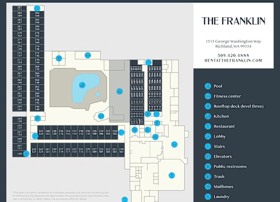 A floor plan of a hotel room with a pool and fitness center.