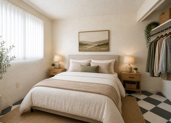 A bedroom with a large bed, two lamps, and a painting on the wall.