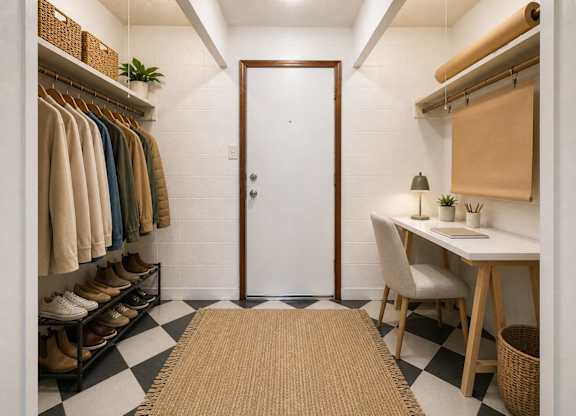 A hallway with a white door, a desk with a chair, and a rack of shoes.