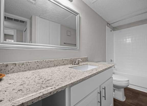 A bathroom with a granite countertop and white fixtures.
