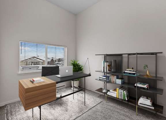 A room with a desk, chair, and bookshelf.