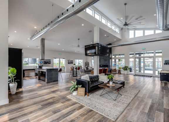 A modern living room with a black couch and a wooden floor.