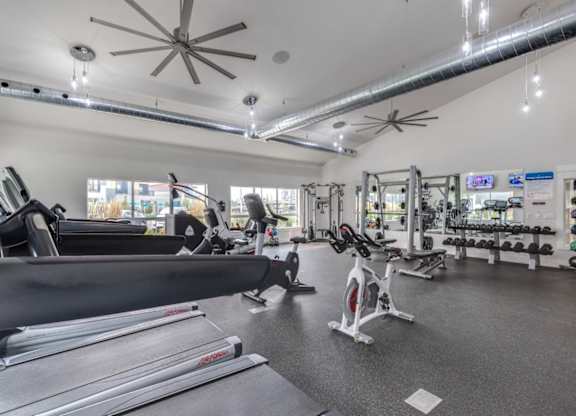 A gym with treadmills, exercise bikes, and weights.