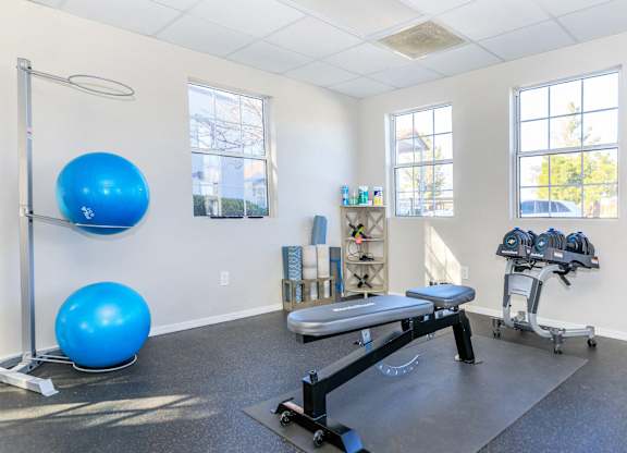 A room with a blue exercise ball, a bench, and a row of dumbbells.