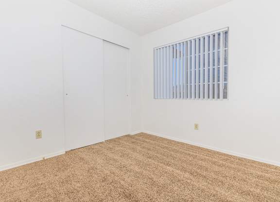 A room with a carpeted floor and a window with blinds.