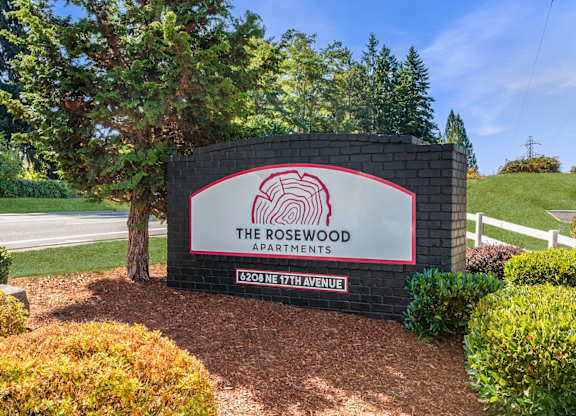 Entryway sign at The Rosewood Apartments in Vancouver, Washington.