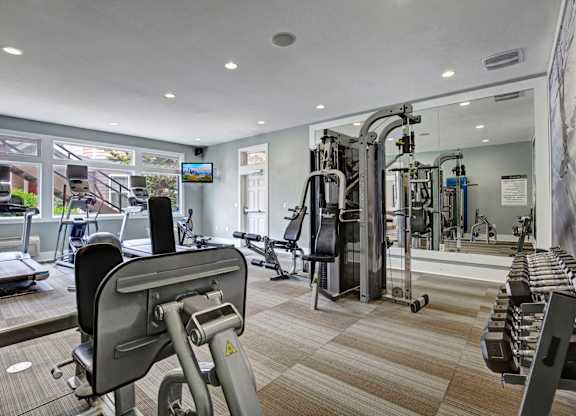 A gym with a variety of equipment including treadmills, weights, and machines.