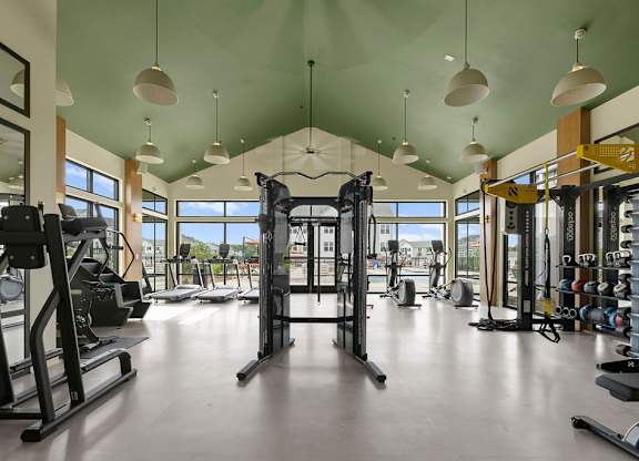 A gym with a variety of equipment and a green ceiling.