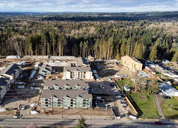 Aerial view of The Elowen apartment construction in Lacey WA amid towering evergreen trees on a bright Pacific Northwest day.