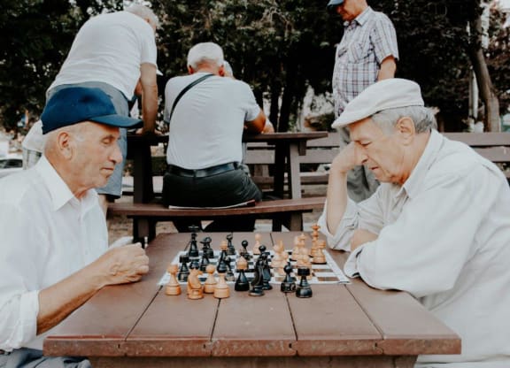 two men playing chess at a picnic table