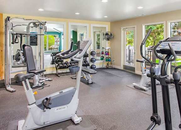 A spacious gym with a variety of equipment including treadmills, stationary bikes, and weight machines.