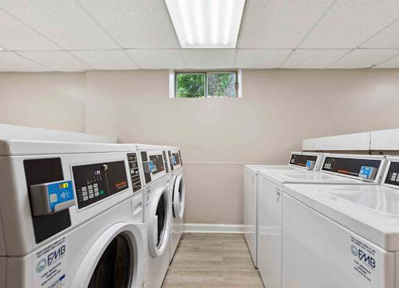 A row of F/MB washing machines are lined up in a laundromat.