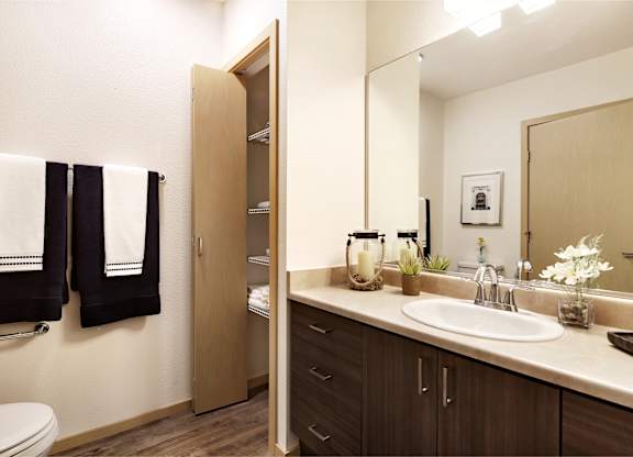 A bathroom with a white sink and brown cabinets.