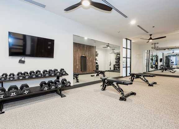 Well-equipped fitness center with free weights, mirrors walls, and a tv at Sylvan Uptown, Denver, CO