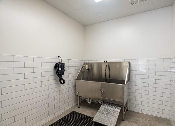 Pet wash room with white tiled walls and pet spa station at Sylvan Uptown, Denver, CO, 80203