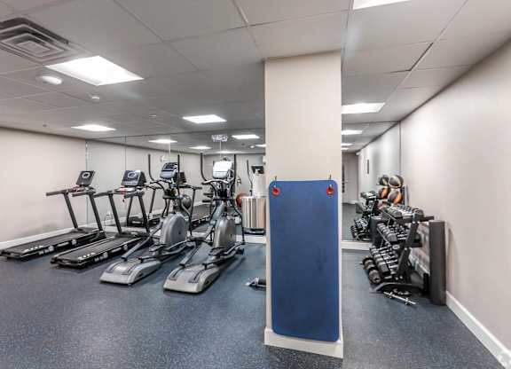 A gym with treadmills, exercise bikes, and weights at 7 Cameron Apartments, Massachusetts