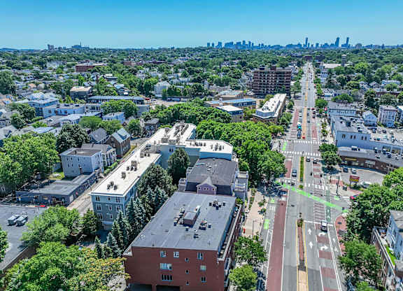 A city street with a crosswalk and a green bike lane at 7 Cameron Apartments, Cambridge, Massachusetts