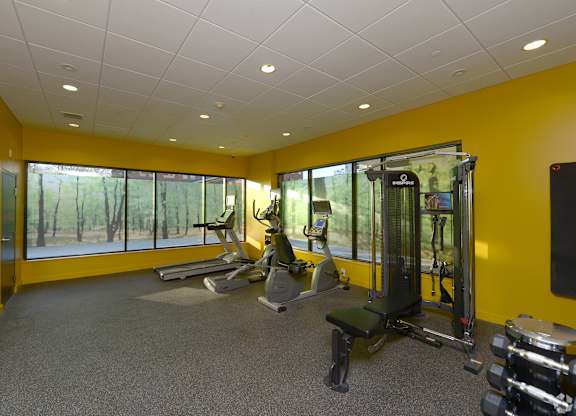 A gym with a variety of equipment including a treadmill, weights, and a bench. at 603 Concord Apartments, Cambridge