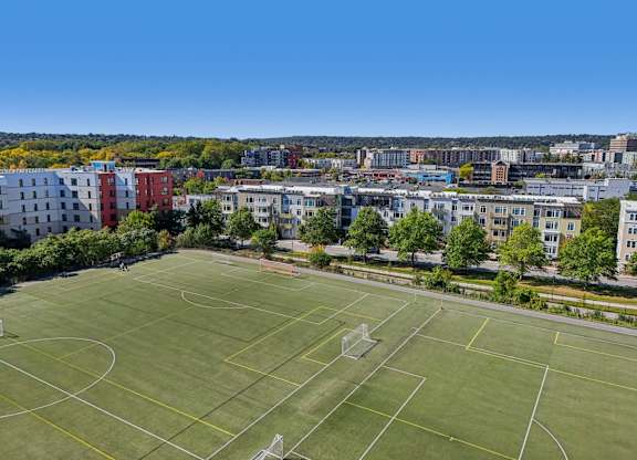 Aerial view of the soccer field at Park77 Apartments, Cambridge, 02138