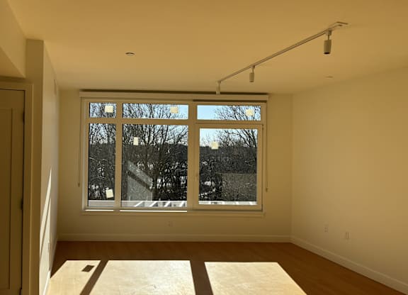 A room with a large window and a white mattress on the floor at 605 Concord at Fresh Pond Apartments, Massachusetts, 02138