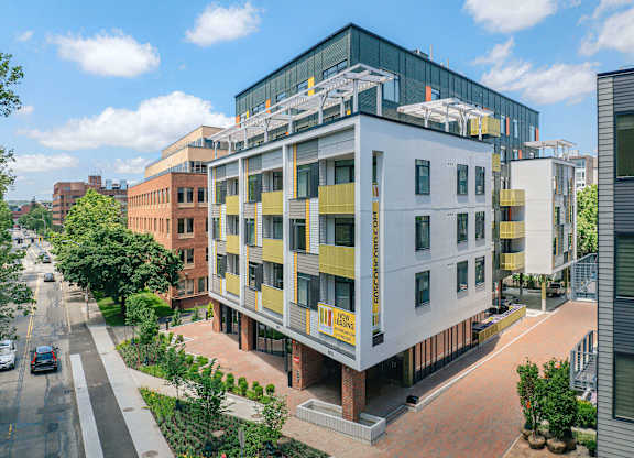 Exterior shot of modern building at 605 Concord at Fresh Pond, Massachusetts, 02138