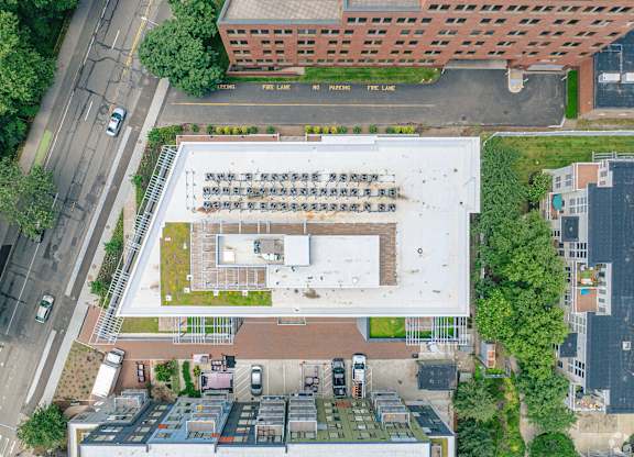 An aerial view of our building at 605 Concord at Fresh Pond, Cambridge