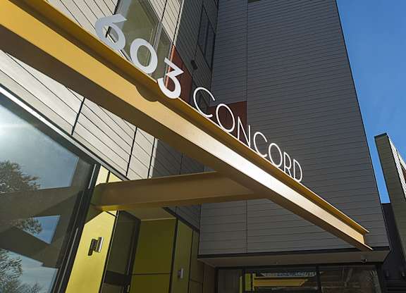 Sign on Building Exterior at 603 Concord Apartments, Cambridge, MA, 02138