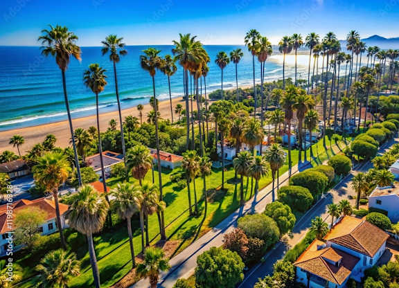 A beautiful beachfront neighborhood with palm trees and ocean in the background.