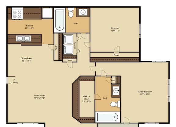 A floor plan of a house with a living room, dining room, kitchen, two bathrooms, two bedrooms, and a porch.