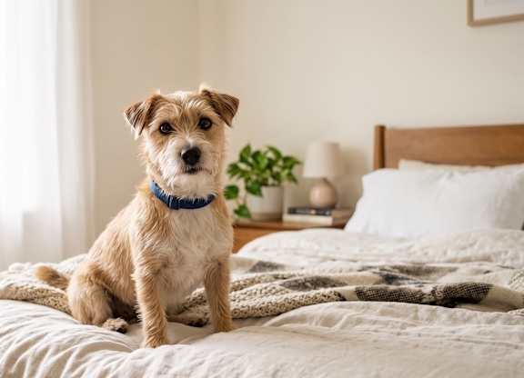 A small dog with a blue collar sits on a bed.