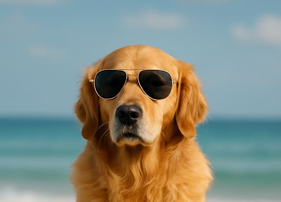 A golden retriever dog is sitting on the beach wearing sunglasses.