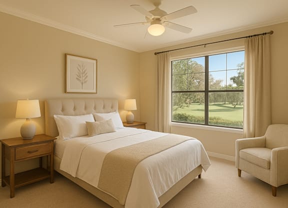 A bedroom with a large bed, a chair, and a ceiling fan.